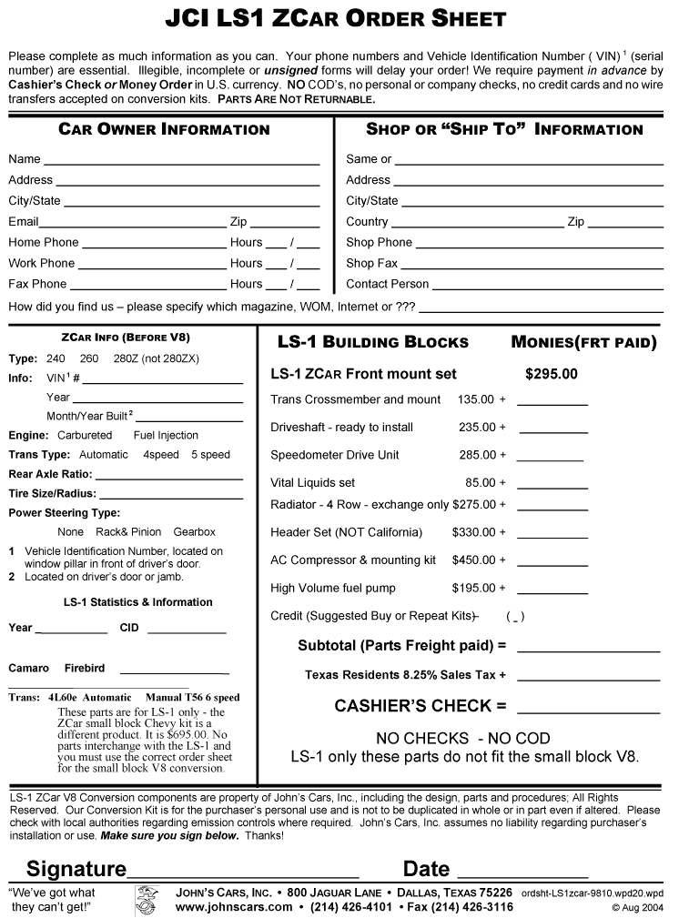 Order Sheet - Click this link to get PDF version